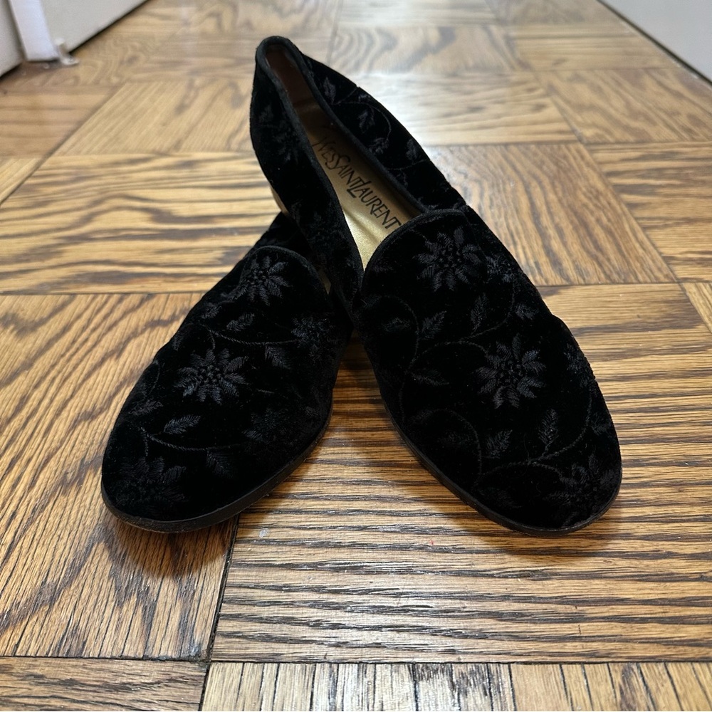 Vintage Yves Saint Laurent Italian Made Black Velvet Embroidered Loafers